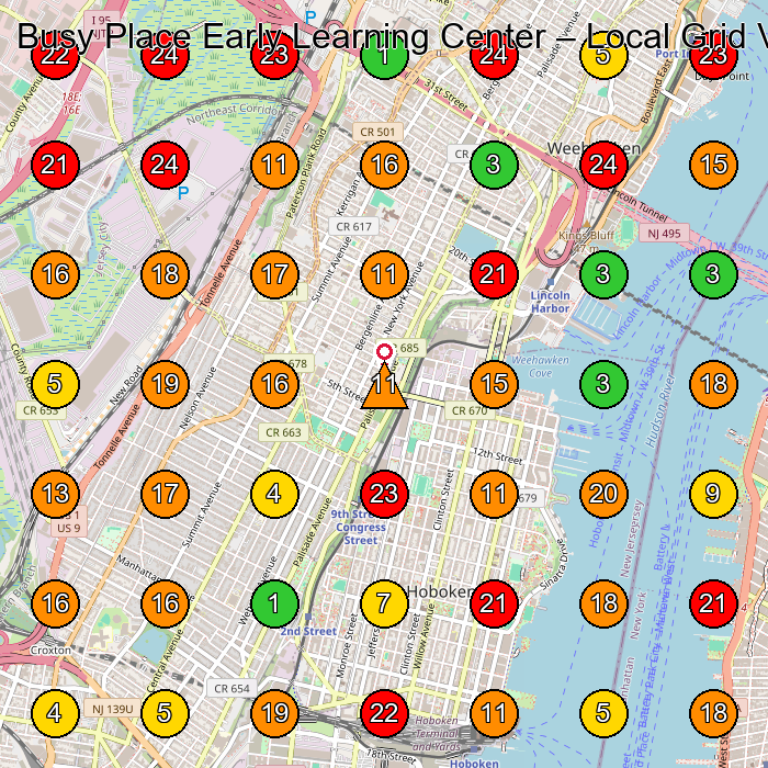 Busy Place Early Learning Center Day Care Center GeoGrid ranking map for Jersey City NJ